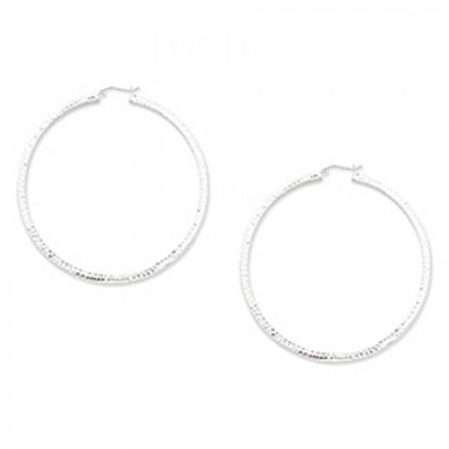 Sterling Silver Diamond Cut Square Tube Ribbed Hoop Earrings - 3mm X 70mm