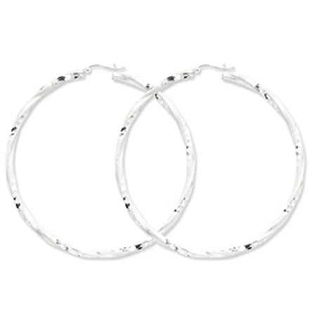 Sterling Silver Diamond Cut Satin Twisted Hoop Earrings - 3mm X 70mm