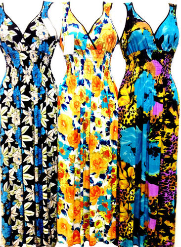Womens Long V Neck Bright Color Floral Dresses Case Pack 12