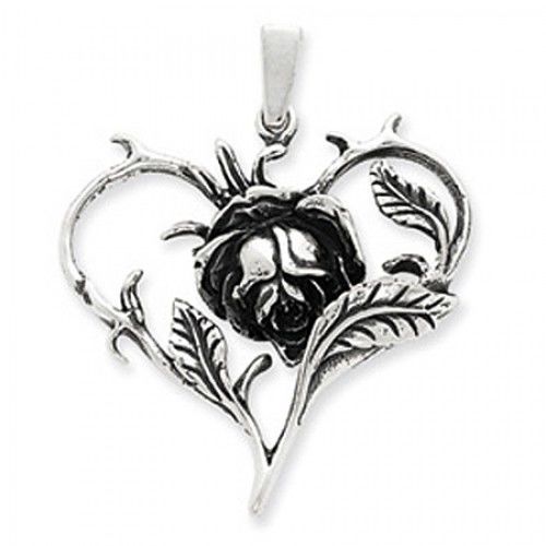 Sterling Silver Heart Shaped Rose Pendant Drop