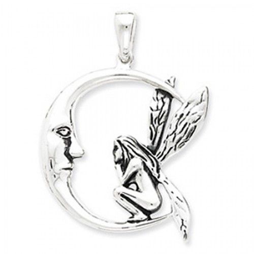 Sterling Silver Crescent Moon W/ Fairy Pendant Dangle