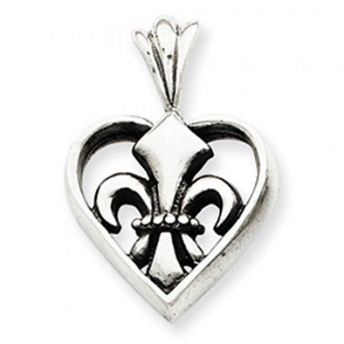 Sterling Silver Antique Finish Drop Heart Fleur De Lis Pendant