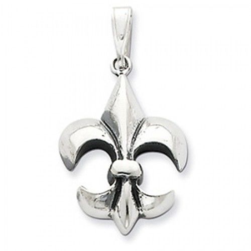 Sterling Silver Antique Finish Drop Polished Fleur De Lis Pendant