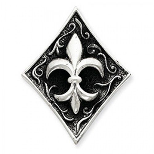 Sterling Silver Antique Finish Drop Diamond Shape Fleur De Lis Pendant