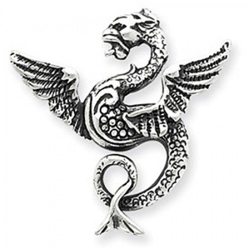 Sterling Silver Polished Drop in Flight Dragon Pendant