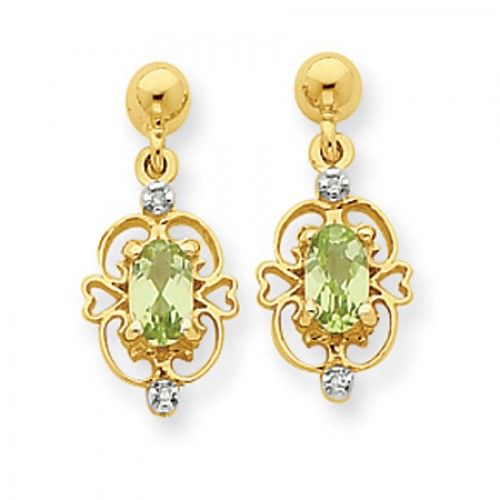 Peridot & Diamond Earrings in Yellow Gold - 14kt - Post W/ Back - Oval Shape