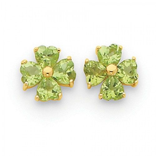 Peridot Flower Earrings in 14kt Yellow Gold - Post with Backs - Heart Shape