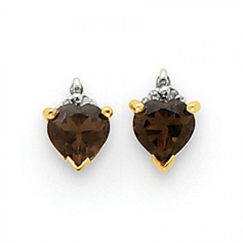 Heart Earrings - Smoky Quartz & Diamond in 14kt Yellow Gold - Post with Backs