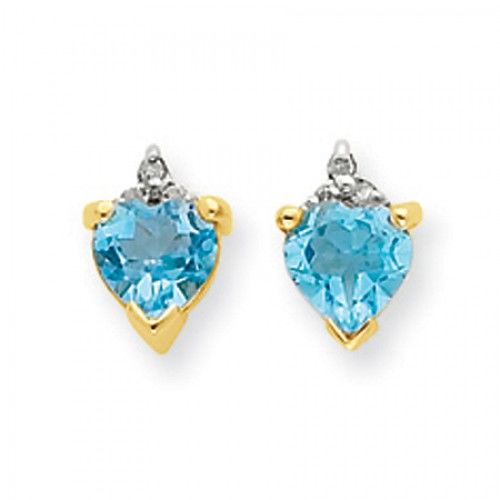 Heart Earrings - Blue Topaz & Diamond in Yellow Gold - 14kt - Post with Back