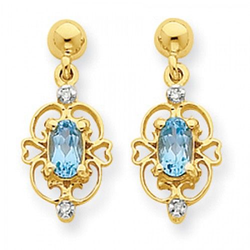 Blue Topaz & Diamond Earrings in 14kt Yellow Gold - Friction Back - Oval Shape