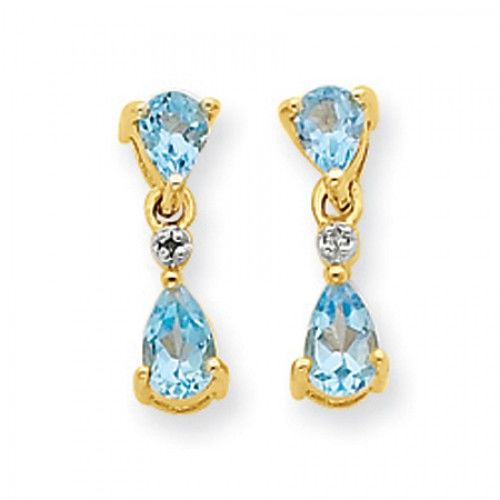 Blue Topaz & Diamond Earrings in Yellow Gold - 14kt - Post W/ Back - Oval Shape
