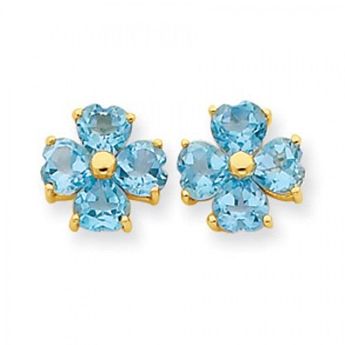 Blue Topaz Flower Earrings in Yellow Gold - 14kt - Butterfly Backs - Heart Shape