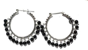 Sterling Silver Hoop Earrings Adorded With Color And Silver Beads - Black