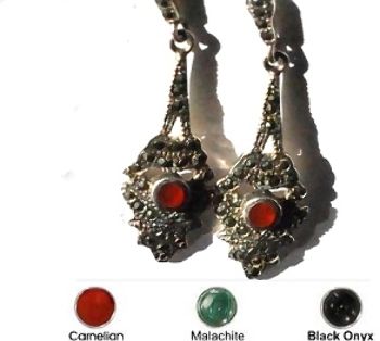 Sterling Silver Marcasite And Genuine Stone Teardrop Earrings - Carnelian