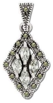 Sterling Silver Genuine 13 Marcasite 4 Marquee CZ Pendant - Clear