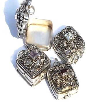 Sterling Silver Bali Square Prayer Box Pendant With Genuine Stone - Garnet
