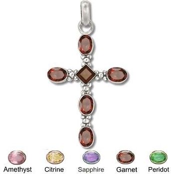 Sterling Silver Hand-Made Genuine Facet Stone Cross- Garnet