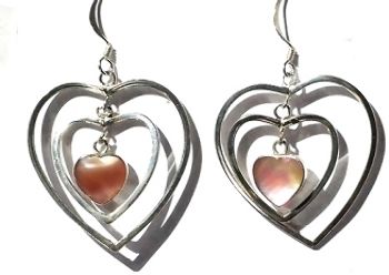 Sterling Silver Triple Heart Dangle With Genuine Stone Earrings - Green Malachite