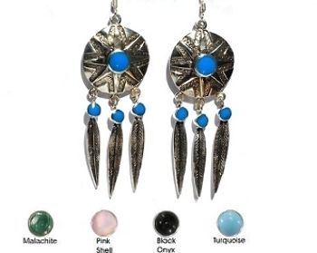 Sterling Silver Native Sun Sheild W Feathers & Stones Dangle Earrings - Turquoise