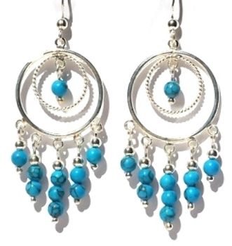 Sterling Silver Double Hoop Earrings W/ Turquoise Or Black Onyx - Turquoise