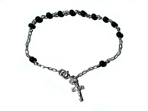 Sterling Silver Bracelet Rosary With Crucifix And Black Onyx Beads