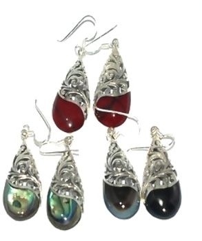 Sterling Silver Genuine Shell Ivy Filigree Teardrop Earrings - Red Jasper