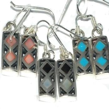 Sterling Silver Genuine Shell Inlay Lozenge Box Dangles Earrings - Black Onyx & Pearl