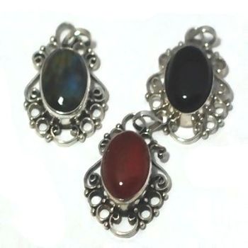 Sterling Silver Bali Pendant W/ Genuine Stone Including Labradorite - Carnelian