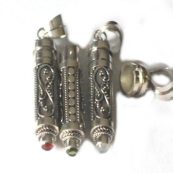 Sterling Silver Handmade Bali Cylinder Prayer Box With Genuine Stone - Moonstone