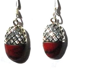 Sterling Silver Genuine Shell / Stone Inlay Filigree Acorn Earrings - Pink Shell
