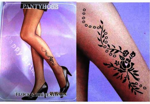 Flocking Pantyhose / Queen / Side, Rose Design, Color: Black Case Pack 120