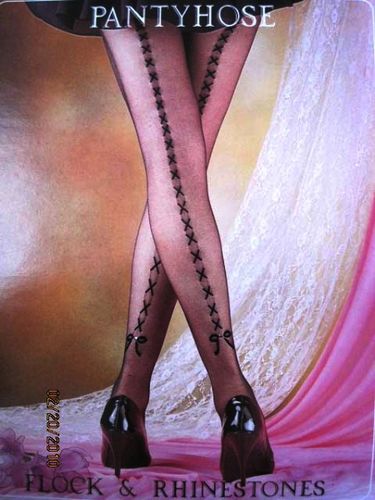 Flocking Pantyhose / Queen / Back Design X line with bow at bottom, Color: Off Black, Case Pack 120