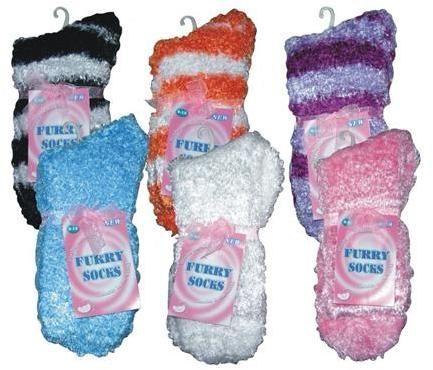 Furry Winter Crew Socks Stripes and Solids Assorted Size 9-11 Case Pack 12