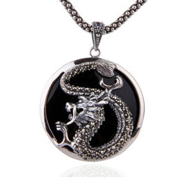 Traditional Chinese Dragon Pendant .925 Silver Antique Jewelry for Men (w/ NECKLACE)