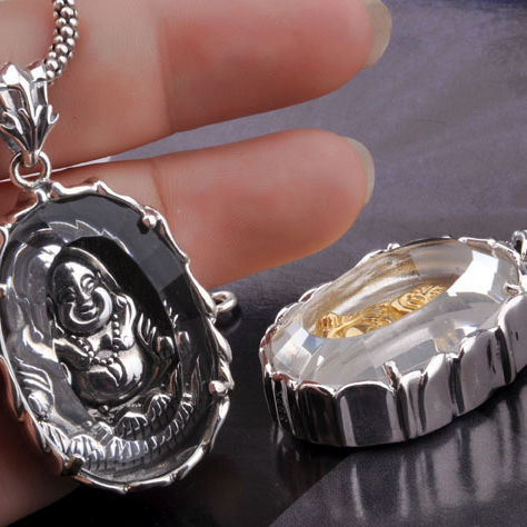 .925 Sterling Silver Buddha Pendant Thai Silver White Crystal (w/NECKLACE)