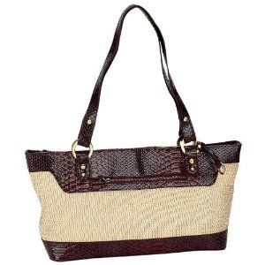 Tan Woven Handbag with Brown Croco Trim
