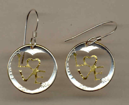 Beautifully Cut out & 2-toned LOVE Dime - coin Earrings
