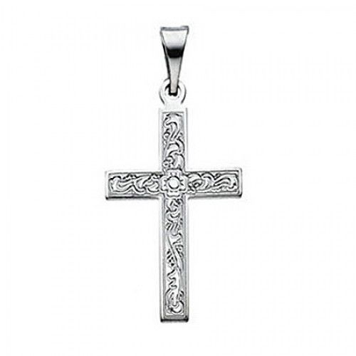 14k White Gold Cross Pendant Floral Design