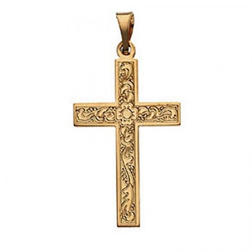 14k Yellow Gold Cross Pendant Flower Design