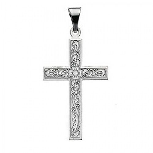 14k White Gold Cross Pendant Blossom Design