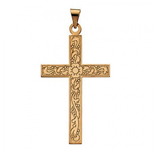 14k Yellow Gold Cross Pendant Outlined Floral Design