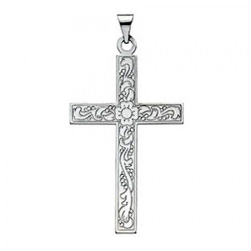 14k White Gold Cross Pendant Outlined Floral Design