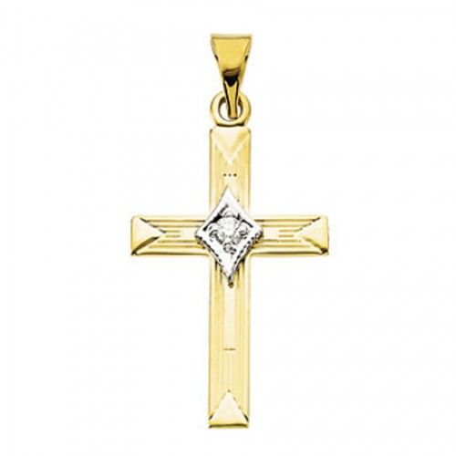 14k Yellow Gold Intricate Square Diamond Setting Cross Pendant