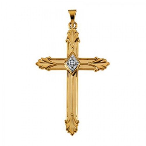 14k Yellow Gold Gorgeous Feather Diamond Center Cross Pendant