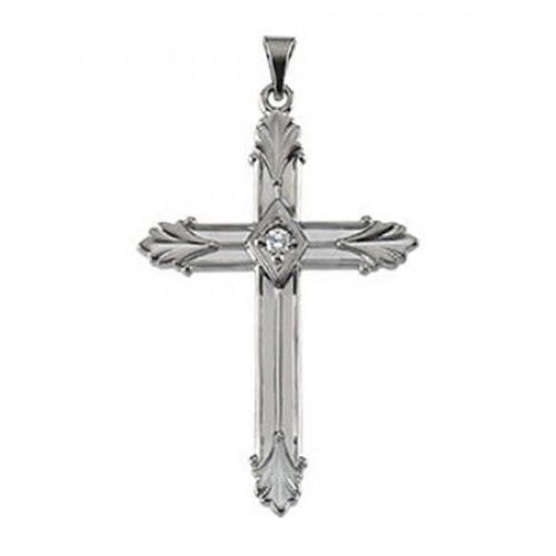 14k White Gold Gorgeous Feather Diamond Center Cross Pendant