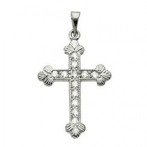 14k White Gold Sea Shell Moline Diamond Lined Cross Pendant