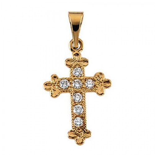 14k Yellow Gold Floral Moline Diamond Lined Cross Pendant