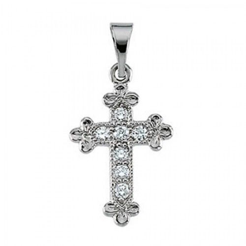 14k White Gold Floral Moline Diamond Lined Cross Pendant