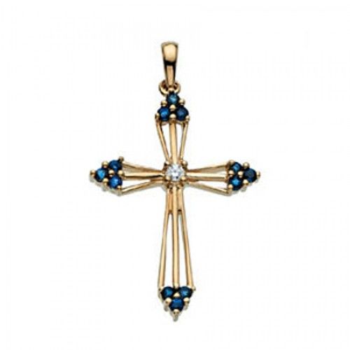 14k Yellow Gold Moline Diamond & Sapphire Cross Pendant