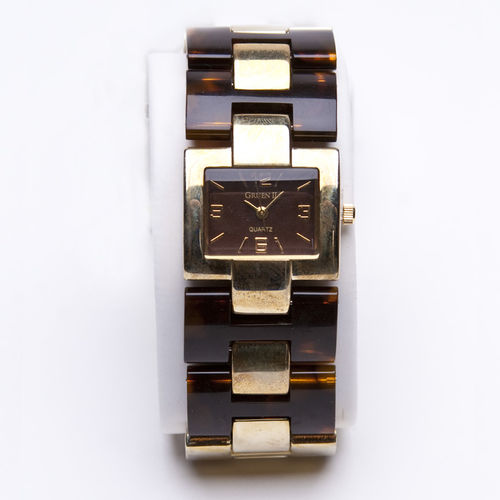 Square Face Analog Gold And Brown Band Women's Watch